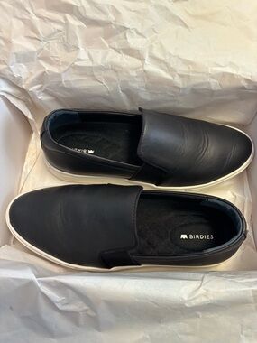 Birdies Black Leather Slip-On Sneakers with White Sole